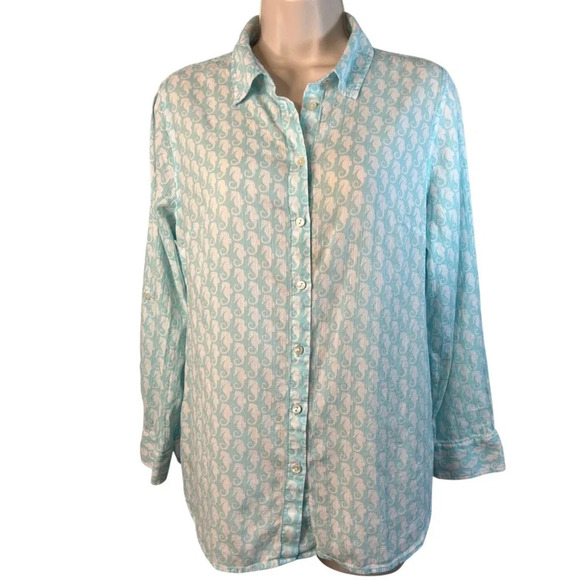 Talbots‎ Novelty Print Seahorse Cotton Button Up Size Petite Large - Picture 1 of 10